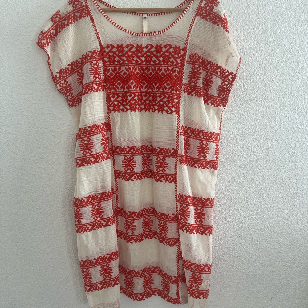 Uncle Frank 100% cotton Embroidered Ivory and Red Shift Dress